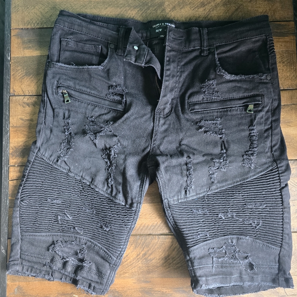 Distressed Black Denim Shorts